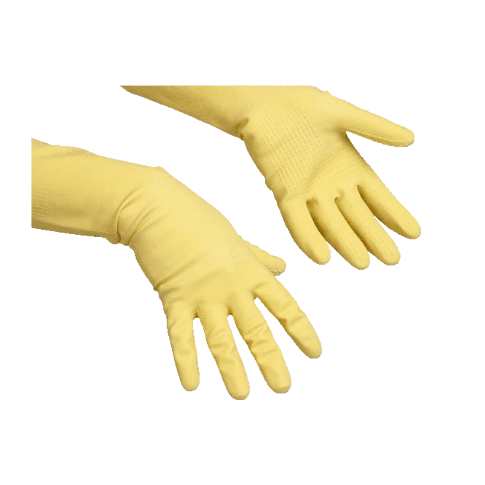 Um par de Vileda Professional SafeGrip amarelo - A luva de cozinha de látex natural aderente da Vileda GmbH com aderência texturizada nas palmas das mãos, onde uma luva é mostrada com a palma e a outra com o dorso, ideal para trabalhos de limpeza.