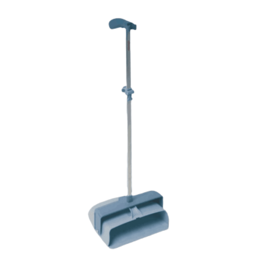 É possível ver uma pá de limpeza fechada da Vileda Professional, da Vileda GmbH, com 29 cm de diâmetro e um cabo comprido, contra um fundo branco simples. Apresenta um design ergonómico com uma pá espaçosa e funda para uma limpeza eficiente e para recolher pó e sujidade.