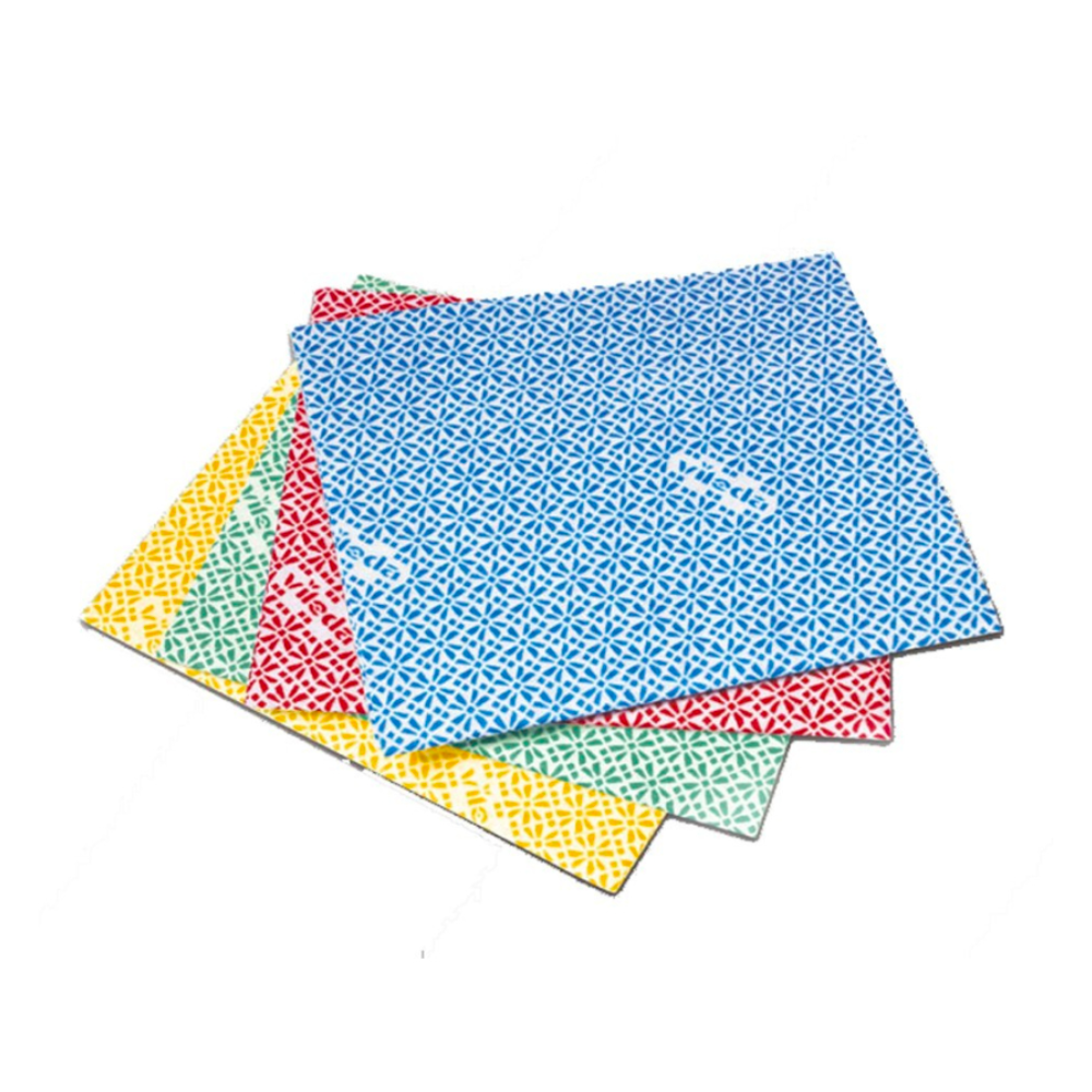 Em uma disposição em leque, apresentam-se quatro panos antibacterianos Vileda Professional WischProfi 'WiPro' com um padrão geométrico em Azul, Vermelho, Verde e Amarelo. Estes panos, conhecidos pela sua alta capacidade de absorção, da Vileda GmbH, estão dispostos sobre um fundo branco.