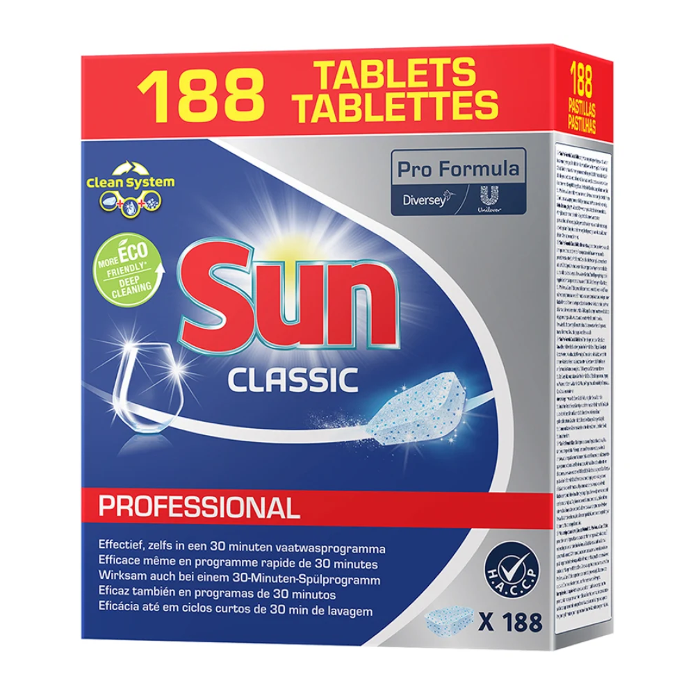 Uma caixa de SUN Professional Classic Tabs, pastilhas de limpeza para máquinas de lavar loiça da Diversey Deutschland GmbH & Co. OHG, com 188 pastilhas. A embalagem exibe os logotipos da Pro Formula e Diversey com texto em várias línguas. É projetada num esquema de cores azul e branco e enfatiza a marca ecológica, bem como a proteção do vidro para a sua louça.