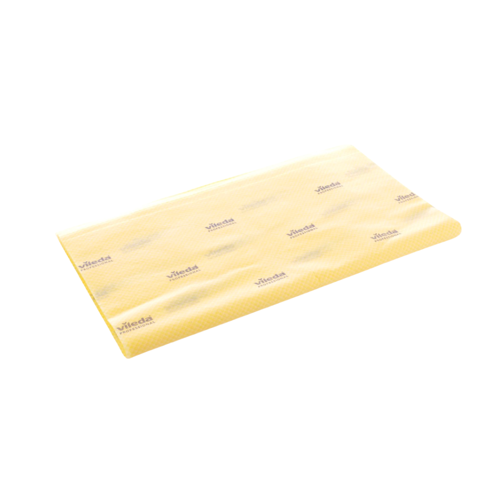 Um pano de captura de pó Vileda Professional 101 High Performance em amarelo da Vileda GmbH está devidamente dobrado e apresenta um padrão de estrutura discreto com pequenos logotipos de texto impressos na superfície. O pano é ilustrado sobre um fundo branco simples.