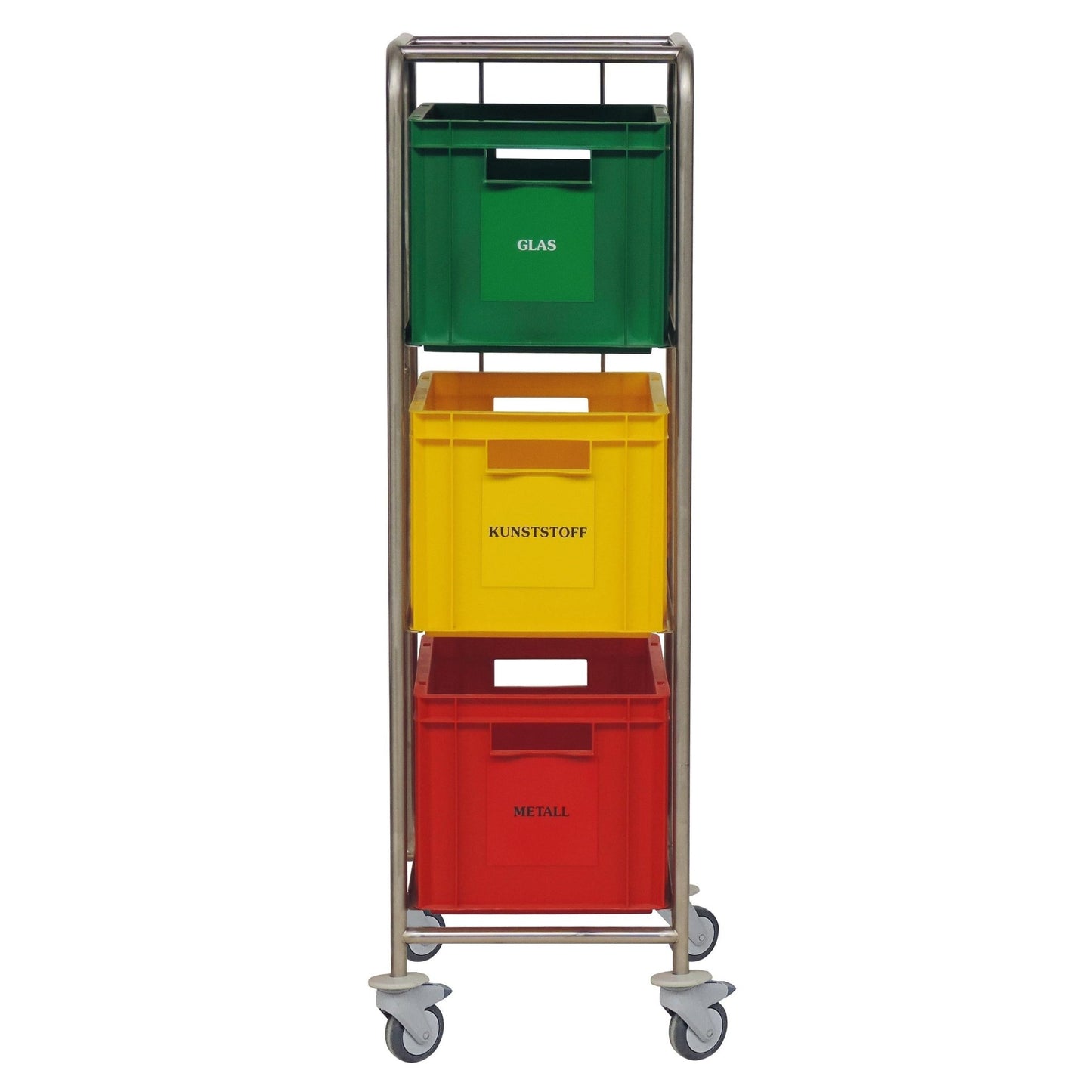 O coletor de recicláveis Novocal com caixas de plástico coloridas possui uma estrutura de aço inoxidável e três recipientes codificados por cores (verde "VIDRO", amarelo "PLÁSTICO", vermelho "METAL") para reciclagem eficiente e separação de resíduos.