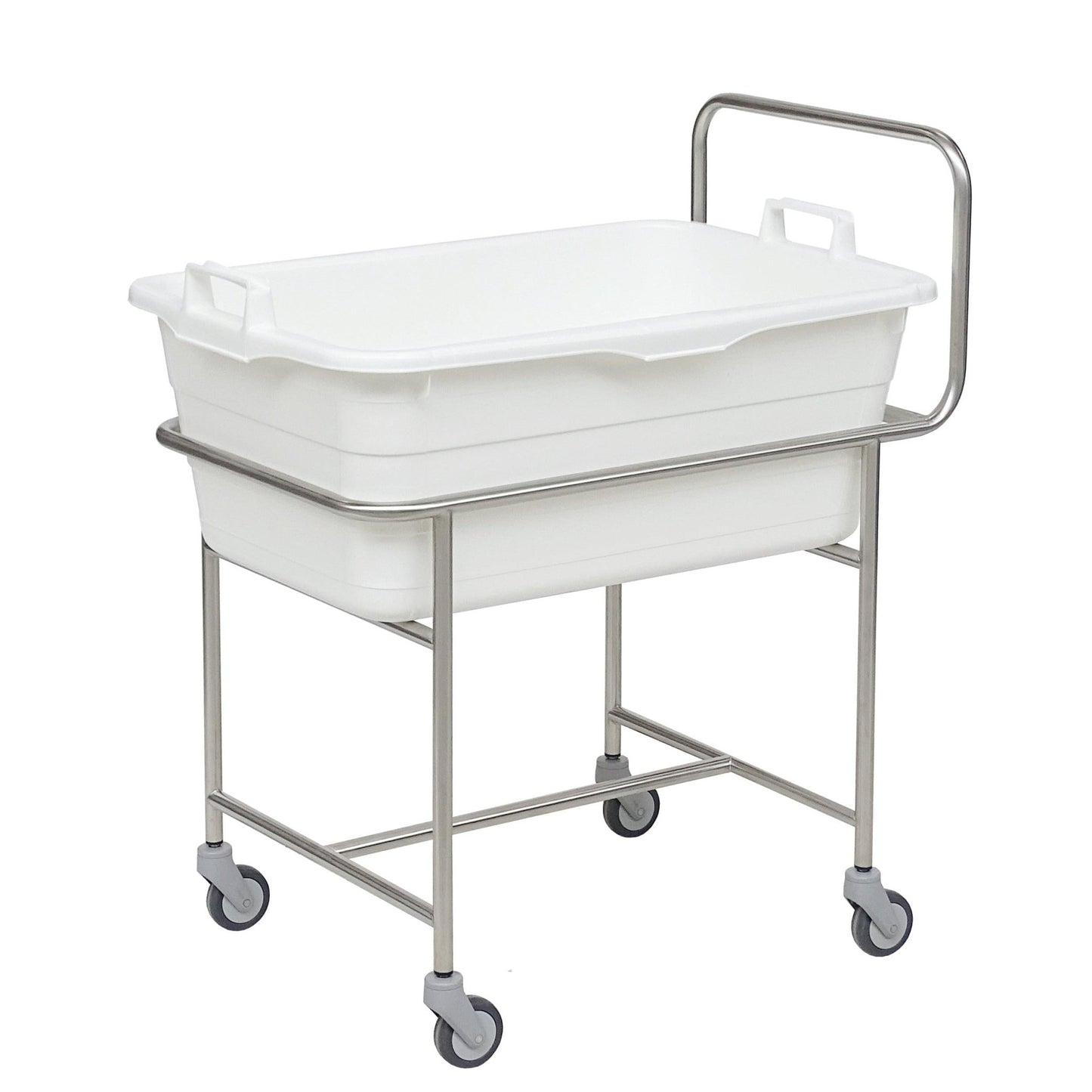 O chassis de aço inoxidável Novocal com alça de empurrar possui quatro rodízios giratórios leves de Ø 75 mm e sustenta uma bandeja de plástico branca com alças.