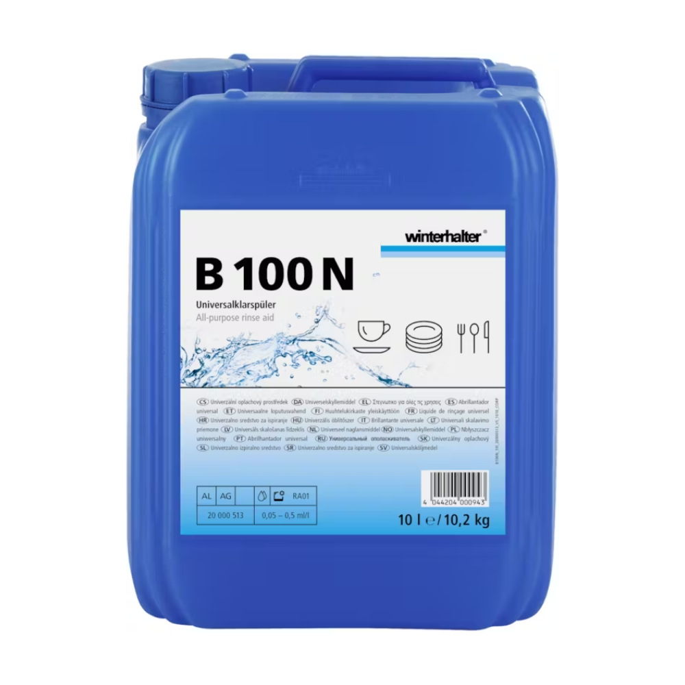 Um recipiente azul de 10 litros com o abrilhantador Winterhalter B 100 N da Altruan, desenvolvido para máquinas de lavar louça comerciais. Na embalagem, podem-se ver o nome do produto, logotipos e ilustrações de louça que destacam a capacidade do produto de garantir uma secagem sem manchas e de ser adequado para várias aplicações de lavagem de louça.