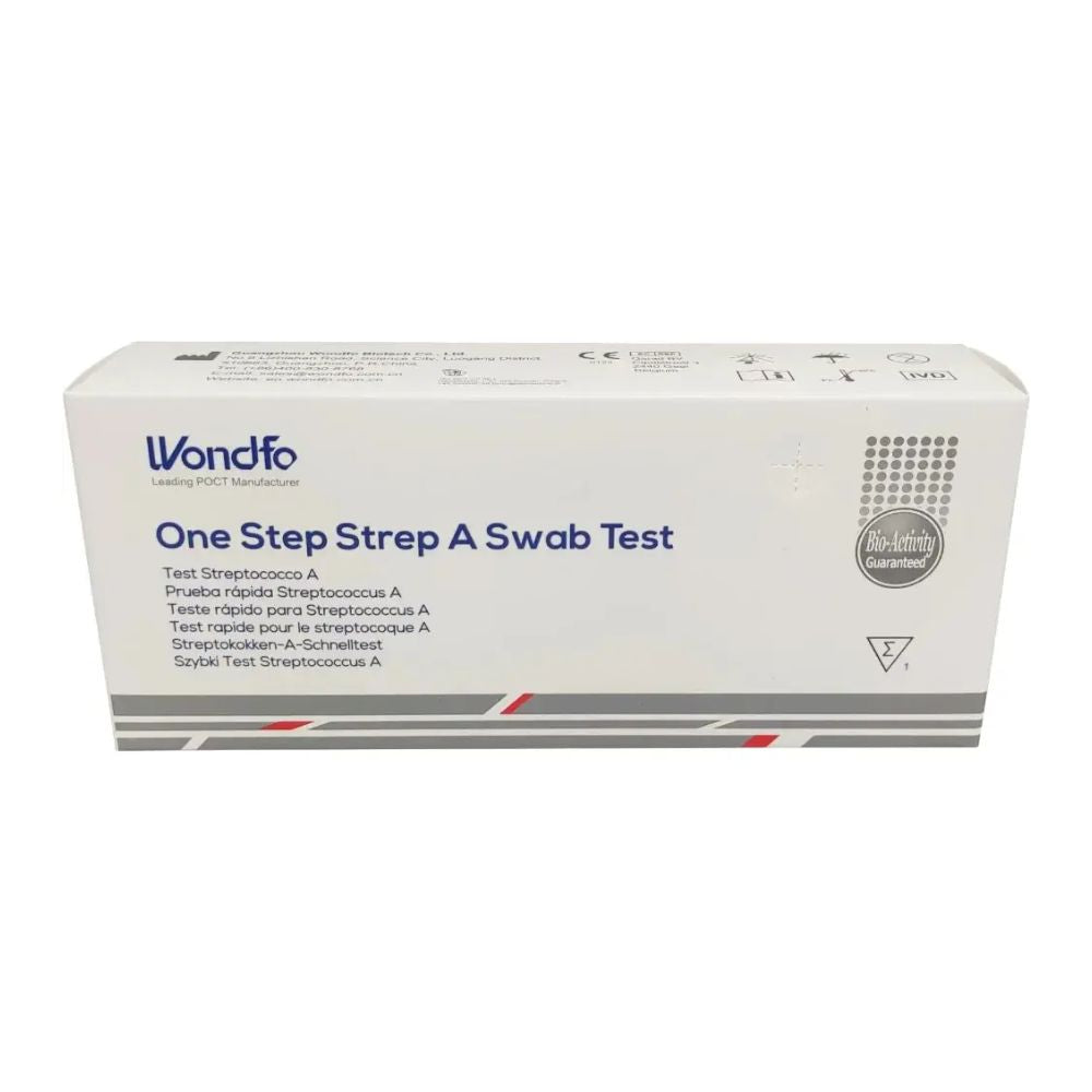Abgebildet ist eine weiße Schachtel mit der Aufschrift „Wondfo Streptokokken A Schnelltest – Scharlach Selbsttest“ von Altruan, ideal für den Streptokokken-Nachweis zu Hause. Die Verpackung weist einen mehrsprachigen Text und ein Qualitätssiegel auf der rechten Seite auf, mit roten und grauen Streifen an der Unterseite.