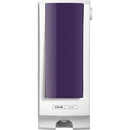 Um dispensador de limpador de assento de vaso sanitário CWS montado na parede com corpo branco e painel frontal CWS roxo escuro para SeatCleaner, com o logotipo "CWS Hygiene" na parte inferior.