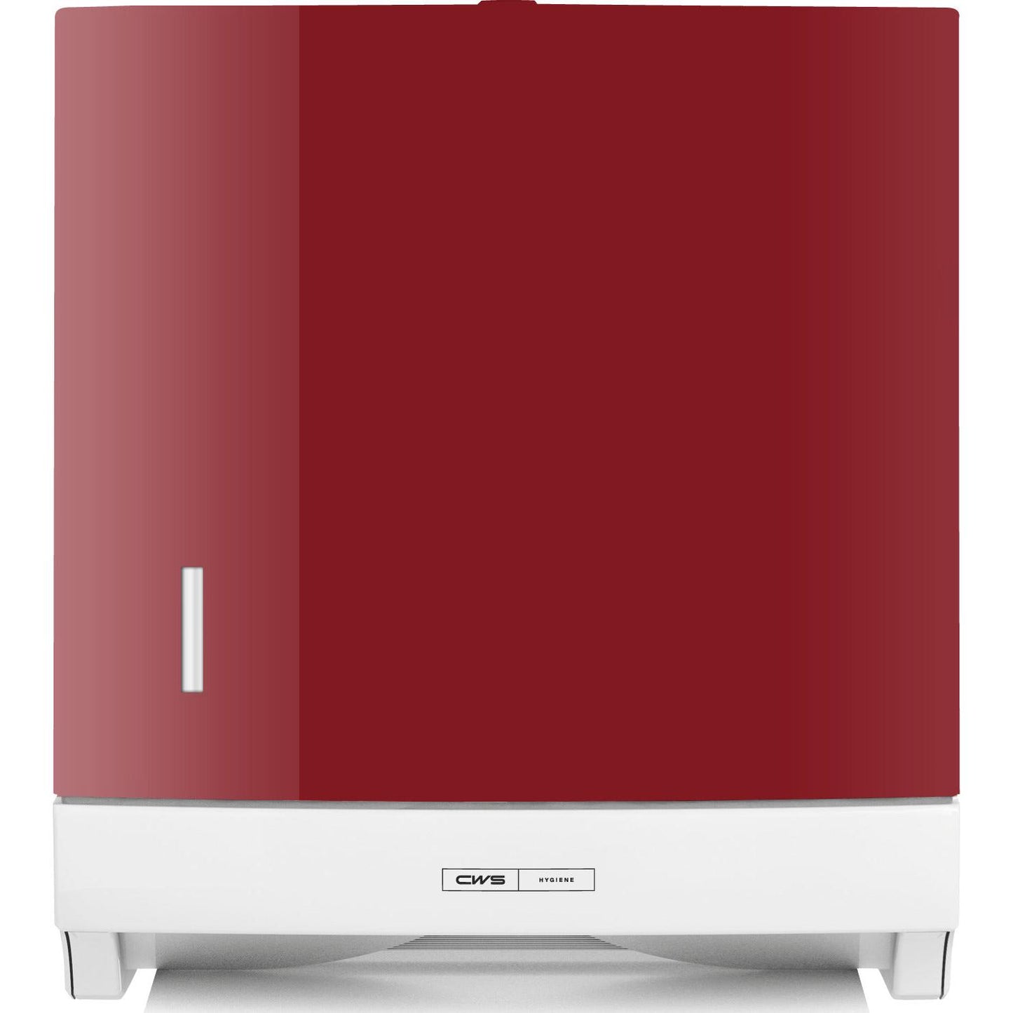 O painel frontal vermelho CWS para dispensador de toalhas de papel dobráveis Paper Slim tem uma base branca, uma pequena janela retangular no lado esquerdo e o logotipo CWS no centro inferior.