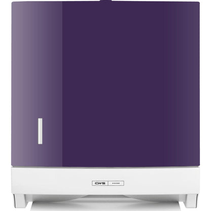 O painel frontal CWS para dispensador de toalhas de papel dobráveis Paper Slim é um dispensador retangular em branco e violeta com uma pequena janela no lado esquerdo e um elegante painel frontal CWS em fundo branco.