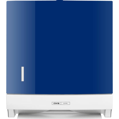 O painel frontal CWS para dispensador de toalhas de papel dobráveis Paper Slim é um painel de parede retangular em azul e branco com uma pequena janela vertical no lado esquerdo para monitorar o nível das toalhas.