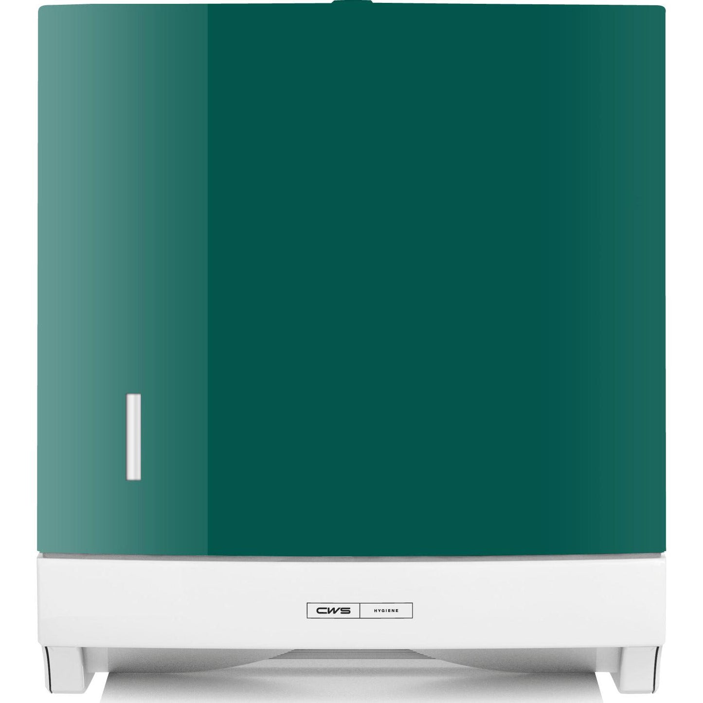 O painel frontal CWS para dispensador de toalhas de papel dobráveis Paper Slim é um dispensador retangular verde e branco com uma pequena janela vertical e um rótulo central CWS na parte inferior, destacando-se pelo elegante design do painel frontal CWS.