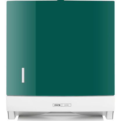 O painel frontal CWS para dispensador de toalhas de papel dobráveis Paper Slim é um dispensador retangular verde e branco com uma pequena janela vertical e um rótulo central CWS na parte inferior, destacando-se pelo elegante design do painel frontal CWS.