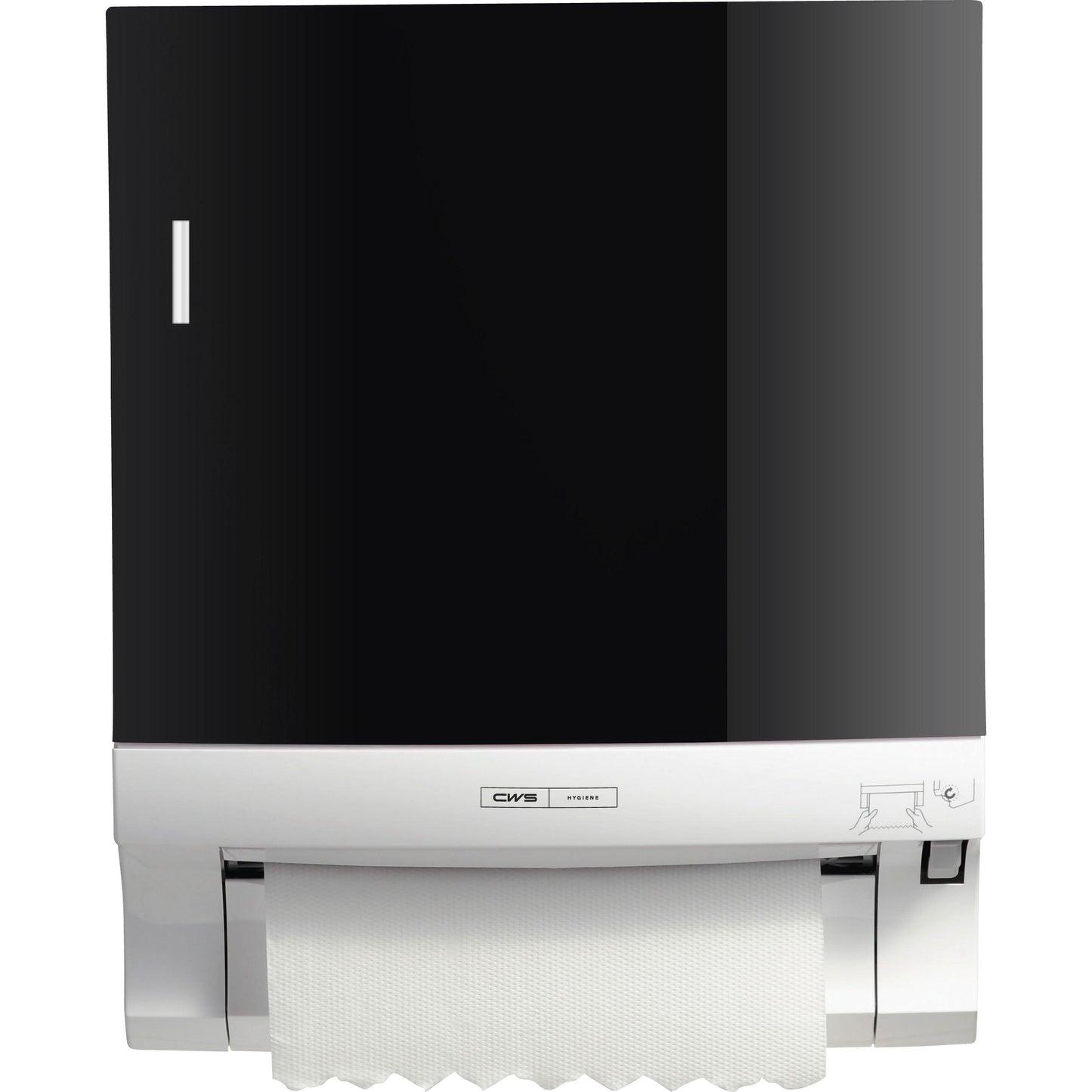 O painel frontal CWS para dispensador de toalhas de papel em rolo Paperroll é um dispensador de parede preto e branco com papel de toalha visível, pequenos gráficos e o rótulo da marca CWS na frente - perfeito para a otimização de casas de banho.