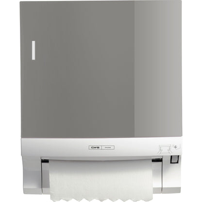 O painel frontal CWS montado na parede para dispensador de toalhas de papel em rolo Paperroll da CWS exibe uma folha parcialmente puxada e um símbolo de instrução, sendo ideal para uma otimização eficiente da casa de banho.