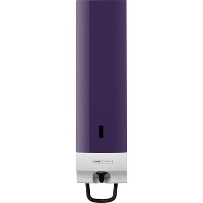 O painel frontal CWS para dispensador de espuma de sabão Foam Slim Non-Touch tem um design retangular montado na parede com uma parte superior roxo escuro, uma parte inferior branca, uma alavanca de pressão preta e uma pequena janela retangular no meio.