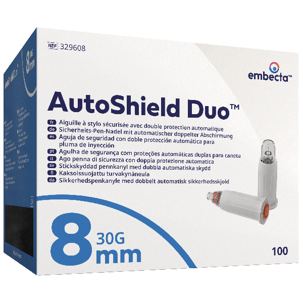 Agulhas para caneta de segurança Embecta AutoShield Duo, 100 peças - 30G - 8mm