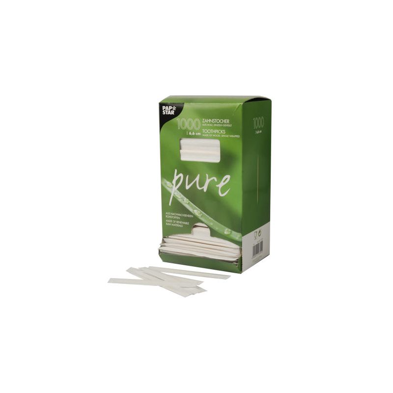 Em uma caixa verde com a inscrição „PAPSTAR 'pure'“, encontram-se 1.000 palitos de dente de madeira ecológicos, dos quais alguns estão parcialmente visíveis e outros estão dispostos higienicamente sobre uma superfície branca na frente da caixa.