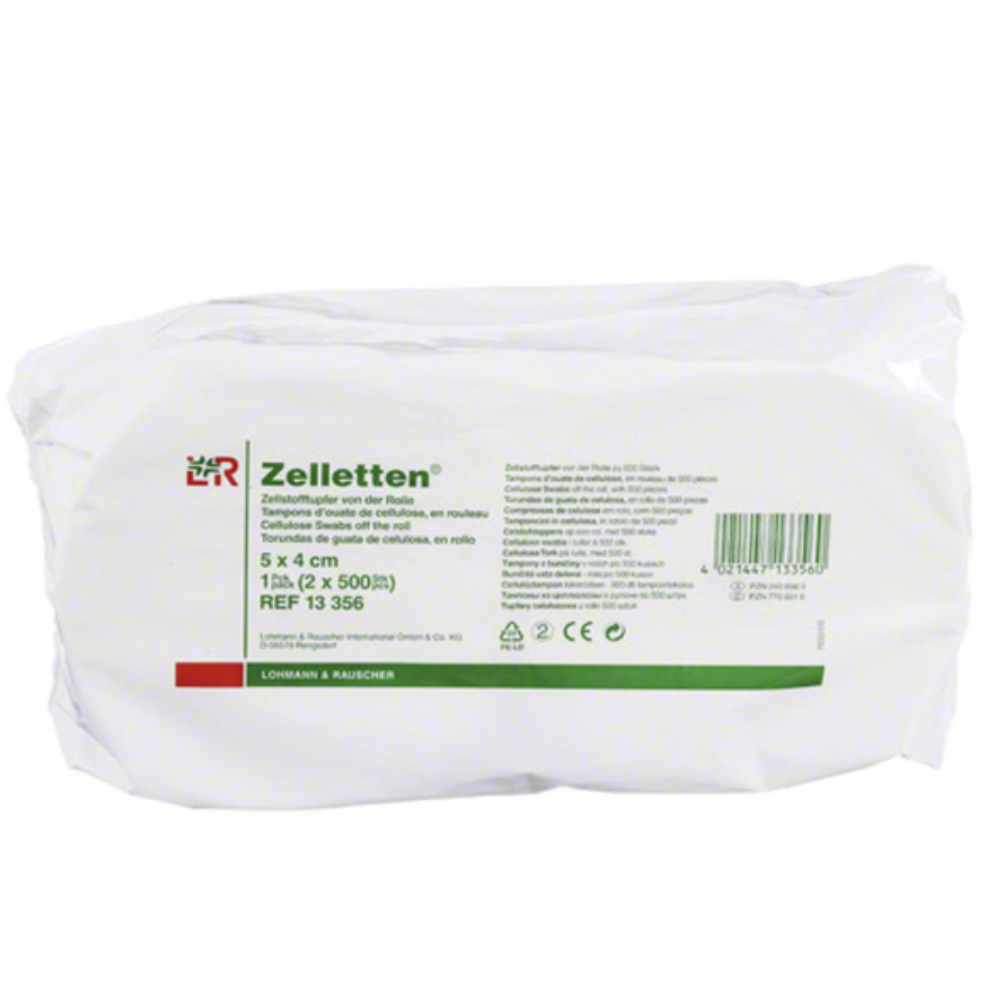 A embalagem de tampões de celulose Zelletten® da Lohmann & Rauscher é ideal para aplicações médicas. No rótulo estão indicados o tamanho (5 x 4 cm), a quantidade (2 embalagens com 500 unidades) e o número de referência (13 356). A embalagem é predominantemente branca com texto verde.