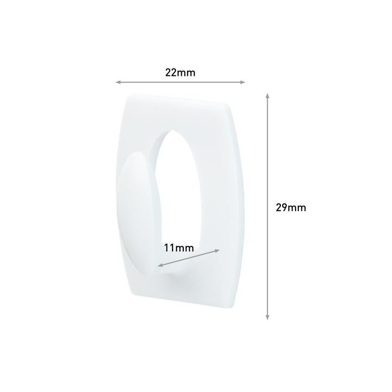 O Command™ Mini-Haken, 17006 da 3M Deutschland GmbH, é um gancho retangular branco (22x29mm) com bordas arredondadas e um oval interno de 11mm. Setas mostram as dimensões. Ideal para pendurar sem furar e removível sem deixar resíduos.