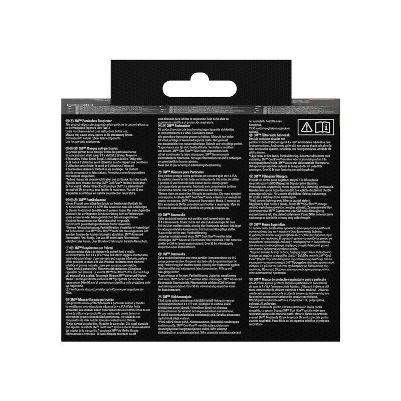A parte traseira da máscara de partículas 3M™ 8810, FFP2, sem válvula (embalagem de 3) da 3M Deutschland GmbH possui texto branco multilíngue em fundo preto, uma aba de suspensão com recorte na parte superior e dois pequenos símbolos no canto superior direito.