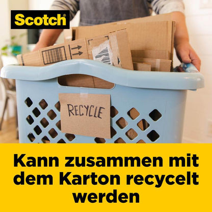 Uma pessoa segura uma cesta azul com papelão achatado e uma placa "Recicle". O logotipo da fita de embalagem de papel 3M Scotch® Box Lock™ (48 mm x 22,8 m) está no canto superior esquerdo. Texto abaixo: "Pode ser reciclado juntamente com a caixa.
