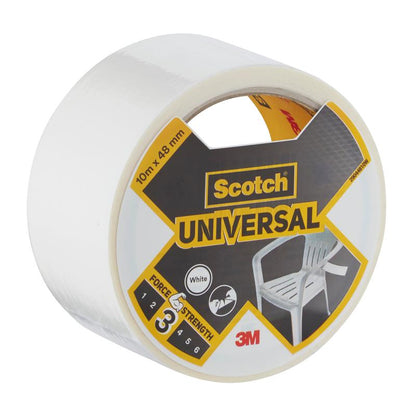 Um rolo de fita adesiva Scotch® Universal 2904, 10 m x 48 mm da 3M Deutschland GmbH, traz um rótulo branco com a força 3 e a imagem de uma cadeira de plástico branca na frente.