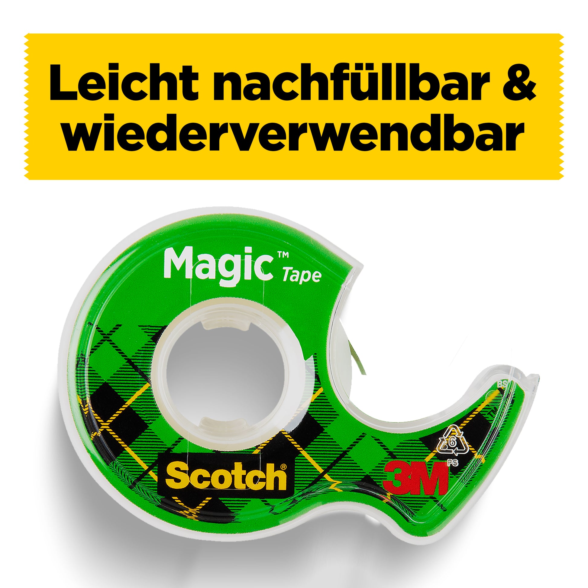 Ein grüner Scotch® Magic™ Unsichtbares Klebeband Handabroller von 3M Deutschland GmbH wird gezeigt, dazu zwei Rollen (19 mm x 12 m + 3,2 m gratis). Gelbes Banner: "Leicht nachfüllbar & wiederverwendbar. Perfekt für unsichtbares Klebeband.