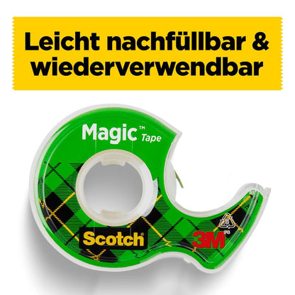 Um dispensador verde de fita adesiva invisível Scotch® Magic™ com design xadrez segura um rolo. Texto em alemão sobre fundo amarelo: "Fácil de recarregar & reutilizável." Produto: 3M Deutschland GmbH, 8-1925R3, 19 mm x 25 m, 3 rolos/embalagem recarga.