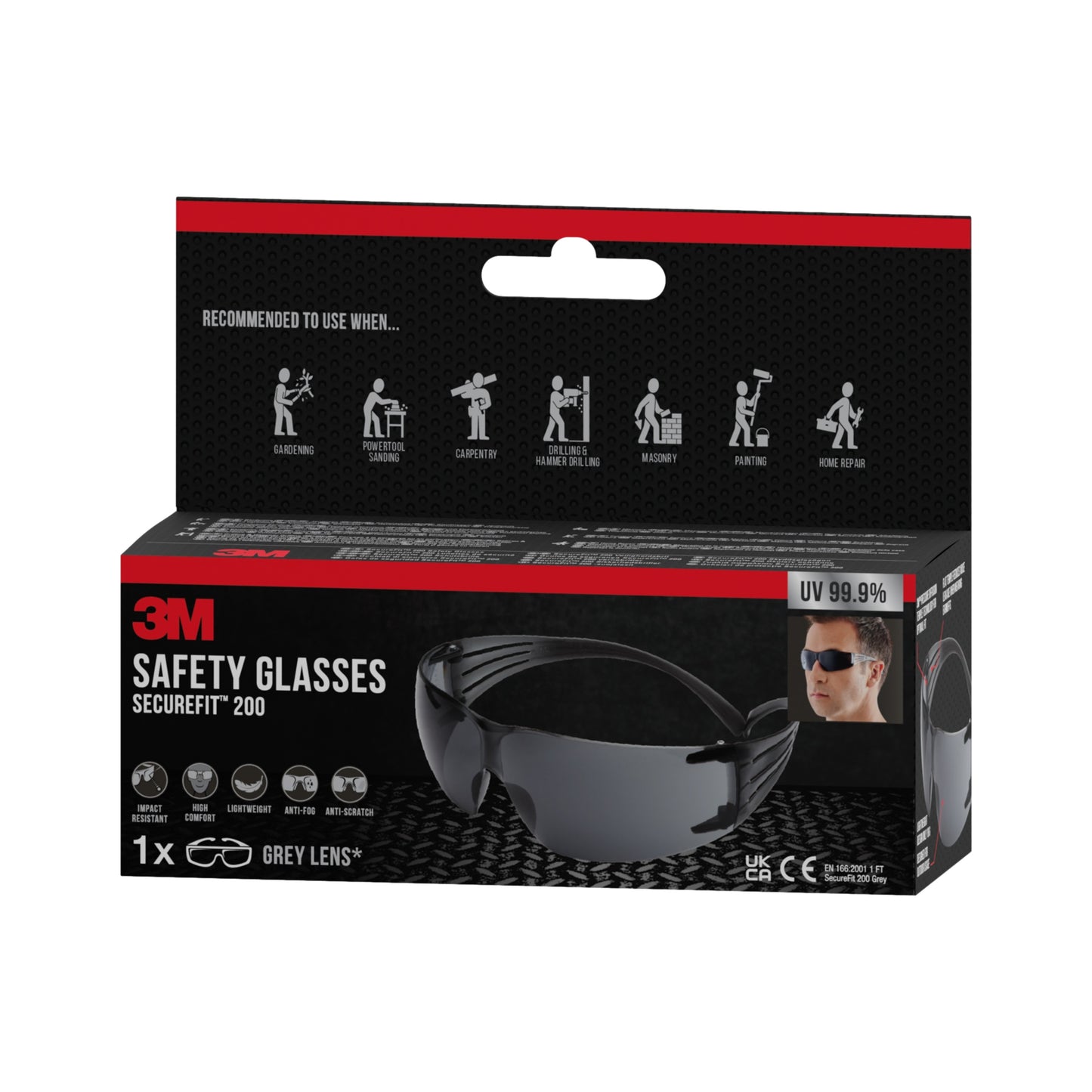 Auf der Verpackung der 3M™ SecureFit™ Schutzbrille 200 der 3M Deutschland GmbH sind graue Gläser, UV-Schutz, Tragekomfort und Anwendungsempfehlungen sowie Bilder der Brille und eines Trägers abgebildet.