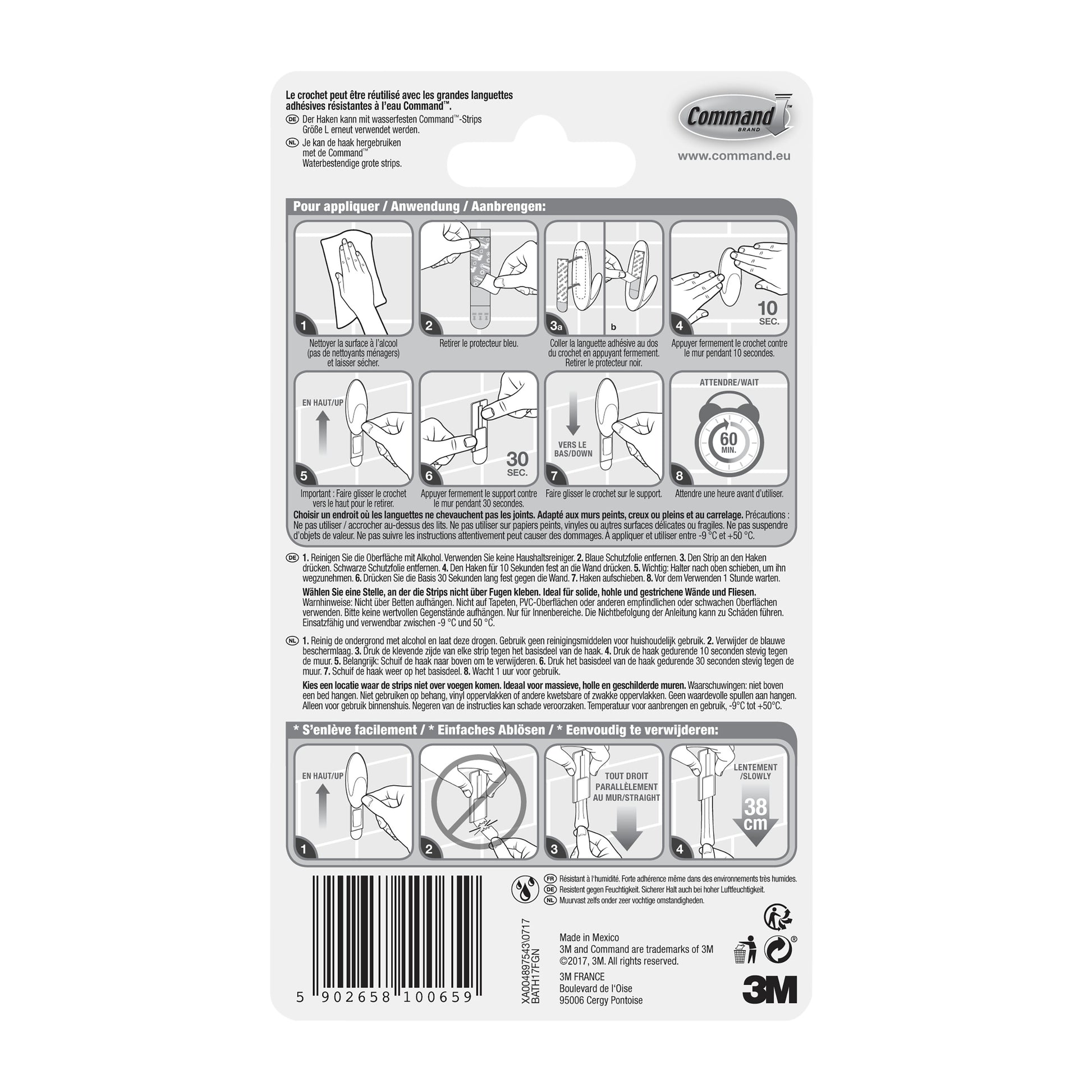 Rückseite einer Command™ Bad Handtuchhaken-Verpackung der 3M Deutschland GmbH, mit bebilderter Anwendungs- und Entfernungsanleitung, Sicherheitshinweisen und Produktangaben in mehreren Sprachen. 3M Logo und Barcode sind unten abgebildet.