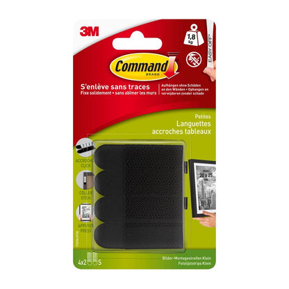Uma embalagem de tiras de montagem de quadros Command™ da 3M Deutschland GmbH, tamanho S, pequena, preta (17202BLK) para pendurar quadros sem pregos, suporta até 1,8 kg; a embalagem em alemão e francês mostra uma moldura de exemplo numa parede.