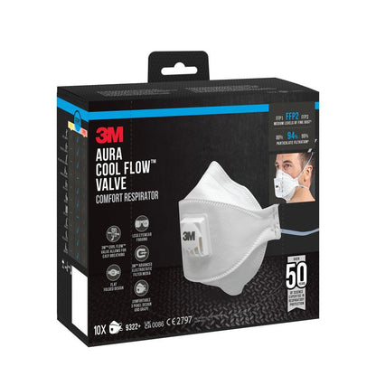 Uma caixa da 3M™ Aura™ Comfort Cool Flow™ Máscara de Partículas 9322+, FFP2, com válvula da 3M Deutschland GmbH, com uma máscara branca com válvula. A caixa contém a indicação "50 peças individuais" e informações sobre funções de filtração e proteção.
