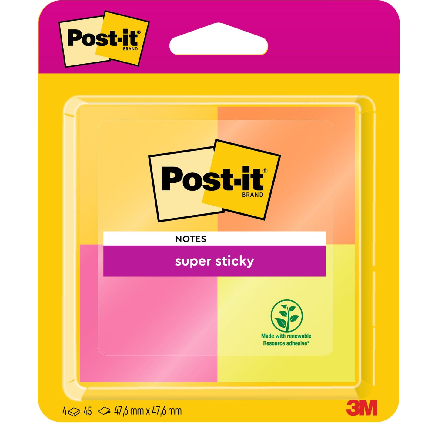 Eine Packung Post-It® Super Sticky Notes von 3M Deutschland GmbH, PEFC-zertifiziert, in verschiedenen Farben, 4 Blöcke à 45 Blatt (47,6 mm x 47,6 mm), mit erneuerbarem Klebstoff hergestellt.