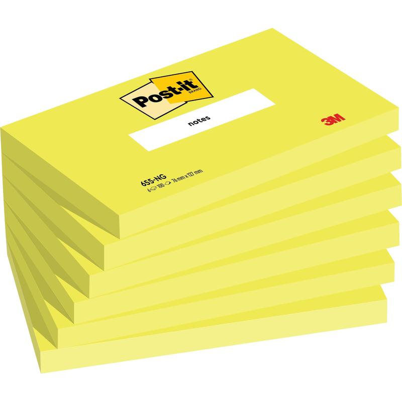 A imagem mostra uma pilha de seis blocos de notas Post-it® amarelos (76 mm x 127 mm, 100 folhas/bloco, 100% PEFC) da 3M Deutschland GmbH, cada um com o logotipo Post-it na parte superior e a inscrição "Notizen" no bloco.