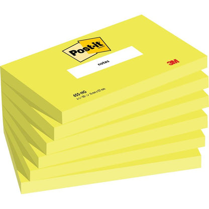 A imagem mostra uma pilha de seis blocos de notas Post-it® amarelos (76 mm x 127 mm, 100 folhas/bloco, 100% PEFC) da 3M Deutschland GmbH, cada um com o logotipo Post-it na parte superior e a inscrição "Notizen" no bloco.