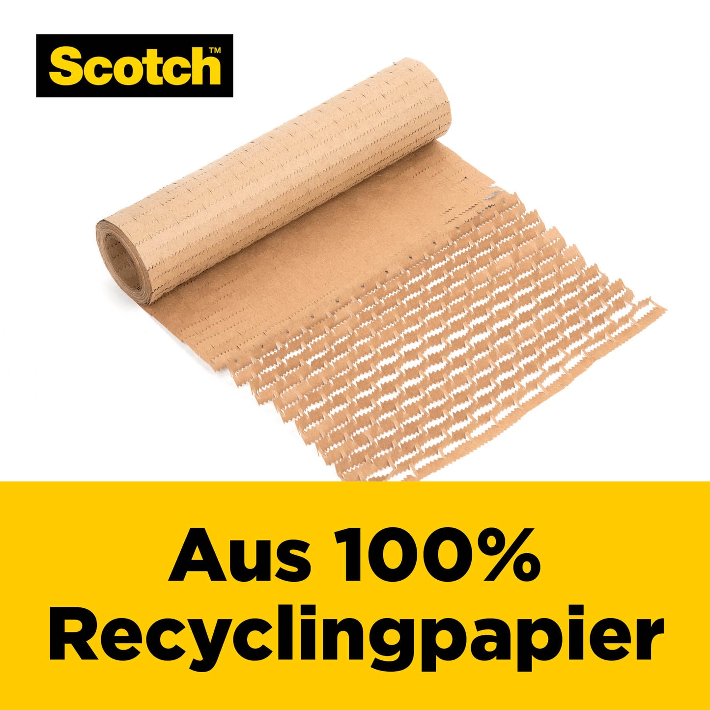 Eine teilweise ausgerollte Scotch™ Cushion Lock™ Schutzverpackung (30,4 cm x 9,14 m, 1 Rolle) der 3M Deutschland GmbH ist auf weißem Hintergrund mit "Aus 100% Recyclingpapier" für empfindliche Gegenstände auf einem gelben Etikett abgebildet.