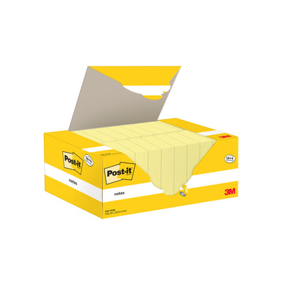 Um pacote promocional amarelo de Notas Post-it® da 3M Deutschland GmbH, tamanho 38 x 51 mm, contém 16 blocos mais 4 grátis (100 folhas/bloco), tampa aberta para mostrar várias notas amarelas; certificado PEFC (SGSCH-PEFC-COC-110078).
