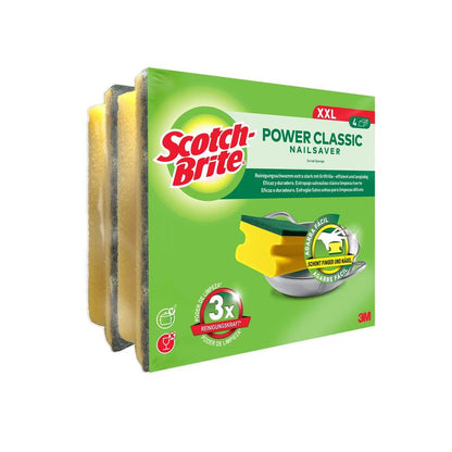 Uma embalagem de Esponjas com Cabo Scotch-Brite® Classic XL da 3M Deutschland GmbH, 4 unidades por embalagem, vem em embalagem verde e destaca o forte desempenho de limpeza e a proteção das unhas.