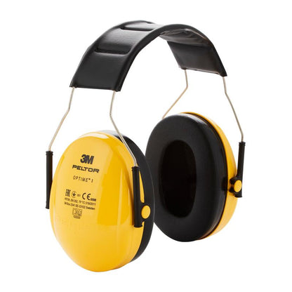 O protetor auricular 3M™ PELTOR™ Optime™ I H510A da 3M Deutschland GmbH, em amarelo, oferece uma faixa de cabeça acolchoada e conchas auriculares acolchoadas com espuma, que fornecem proteção auditiva com um SNR de 27 dB. É entregue em embalagem única.
