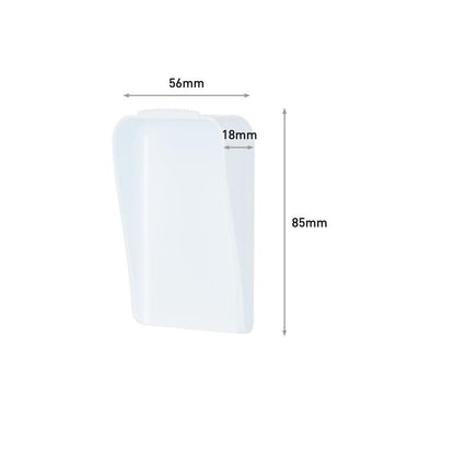 O gancho para tela Command™ da 3M Deutschland GmbH é mostrado em um fundo branco simples. É um objeto de plástico retangular branco com 56 mm de largura, 18 mm de profundidade e 85 mm de altura, cujas dimensões estão claramente rotuladas.