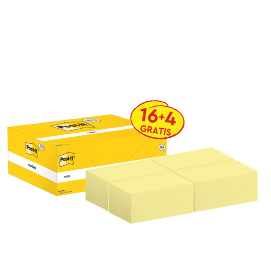 Abgebildet ist eine gelbe 3M Post-it® Notes Box (76x127mm) mit vier Stapeln gelber Haftnotizen auf der Vorderseite. Auf dem Etikett steht "16 Blöcke + 4 Gratis", Werbung für 100 Blatt/Block, PEFC-zertifizierter Bürobedarf.