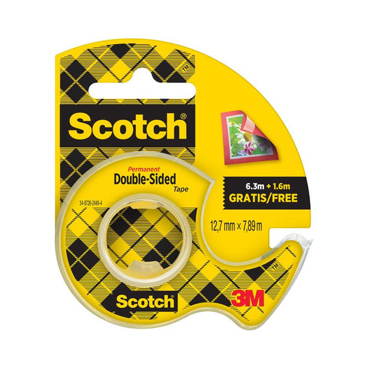 Uma embalagem de fita adesiva dupla face Scotch® da 3M Deutschland GmbH (12,7 mm x 7,89 m) com 25% extra grátis e dispensador manual amarelo, adequada para uso em papel. Contém 1 rolo.