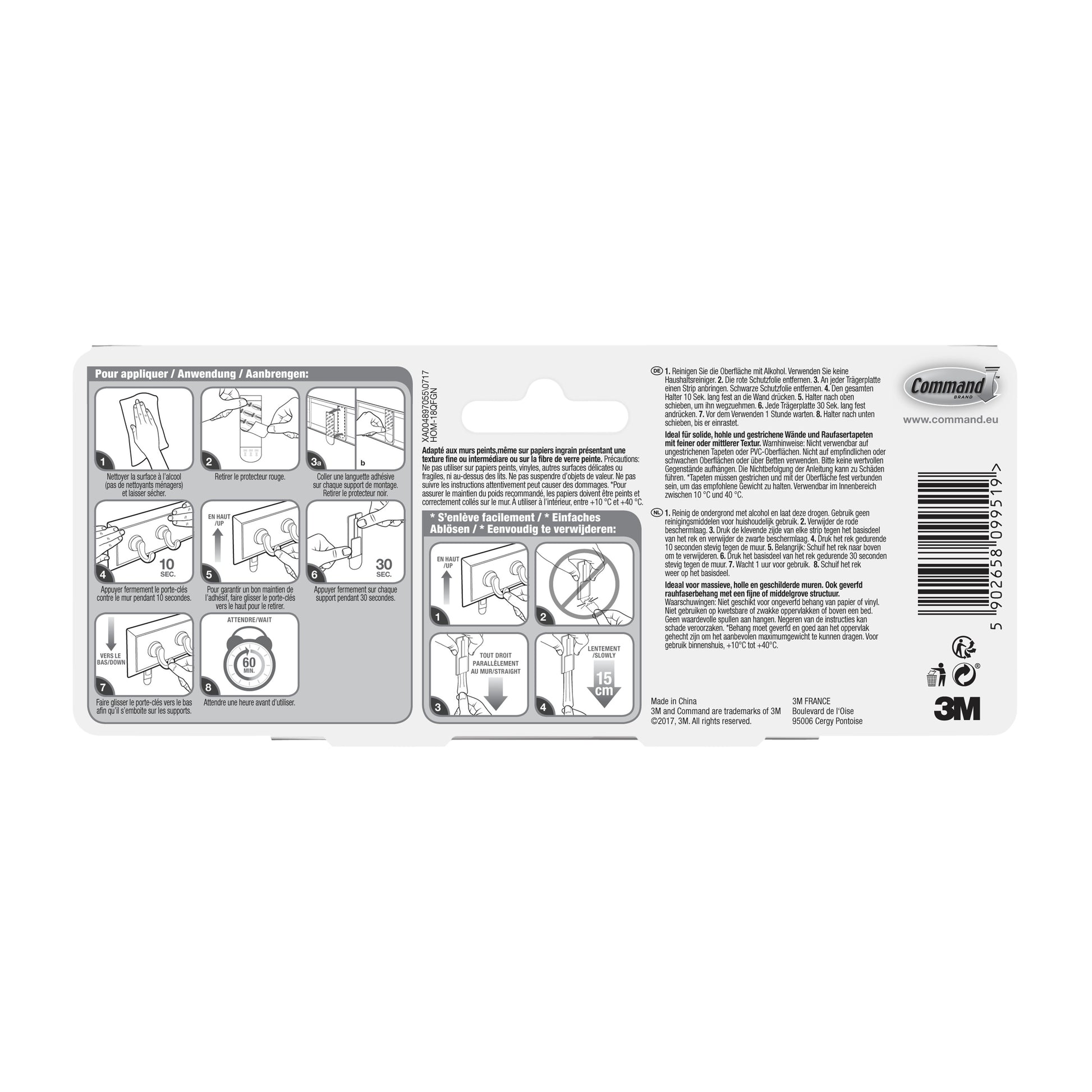 Auf der Rückseite der Command™ Schlüsselleiste aus Quarz, HOM18-Q (1 Stück) von 3M Deutschland GmbH befinden sich eine bebilderte Schritt-für-Schritt-Anleitung, ein englischer und französischer Text, ein Barcode und das 3M Branding unten rechts.