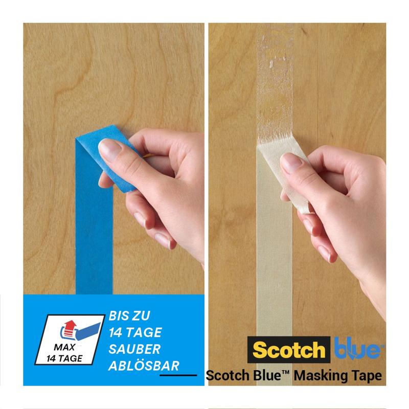 Uma mão descasca fita de mascaramento ScotchBlue™ "Multi-Surface" da 3M Deutschland GmbH de madeira (à esquerda) e de uma fita adesiva bege (à direita). ScotchBlue™ não deixa resíduos, enquanto a fita bege deixa resíduos brancos. Texto e logotipos estão mostrados abaixo.