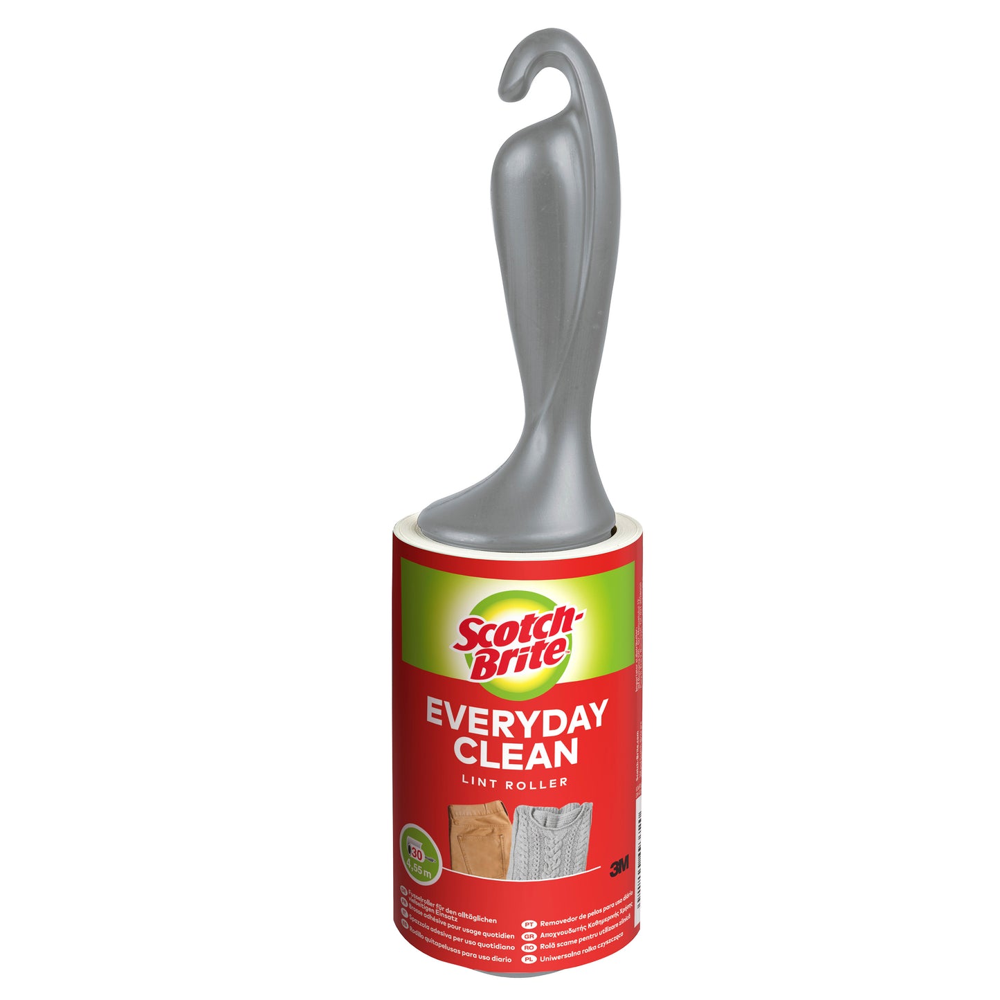 Der Scotch-Brite™ Everyday Clean Fusselroller von 3M Deutschland GmbH mit 30 Blatt und grauem, gebogenem Griff entfernt mühelos Fussel und Haare. Die Packung zeigt saubere Stoffe und betont seine vielseitige Verwendbarkeit.