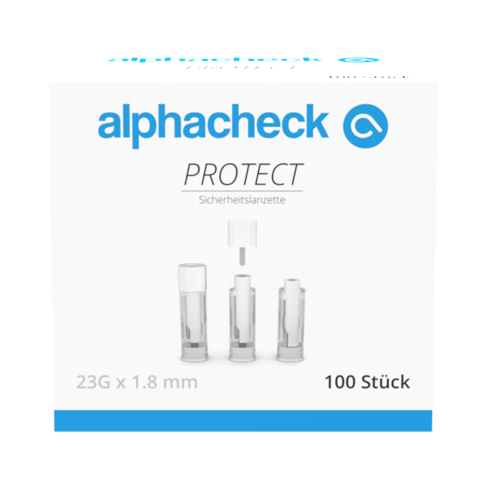 Uma caixa branca com acentos azuis e cinzas traz a inscrição "alphacheck PROTECT" da Berger Med GmbH e mostra lancetas de segurança Alphacheck PROTECT para coleta de sangue com menos dor, com a inscrição "23G x 1,8 mm" e "100 unidades" na frente.