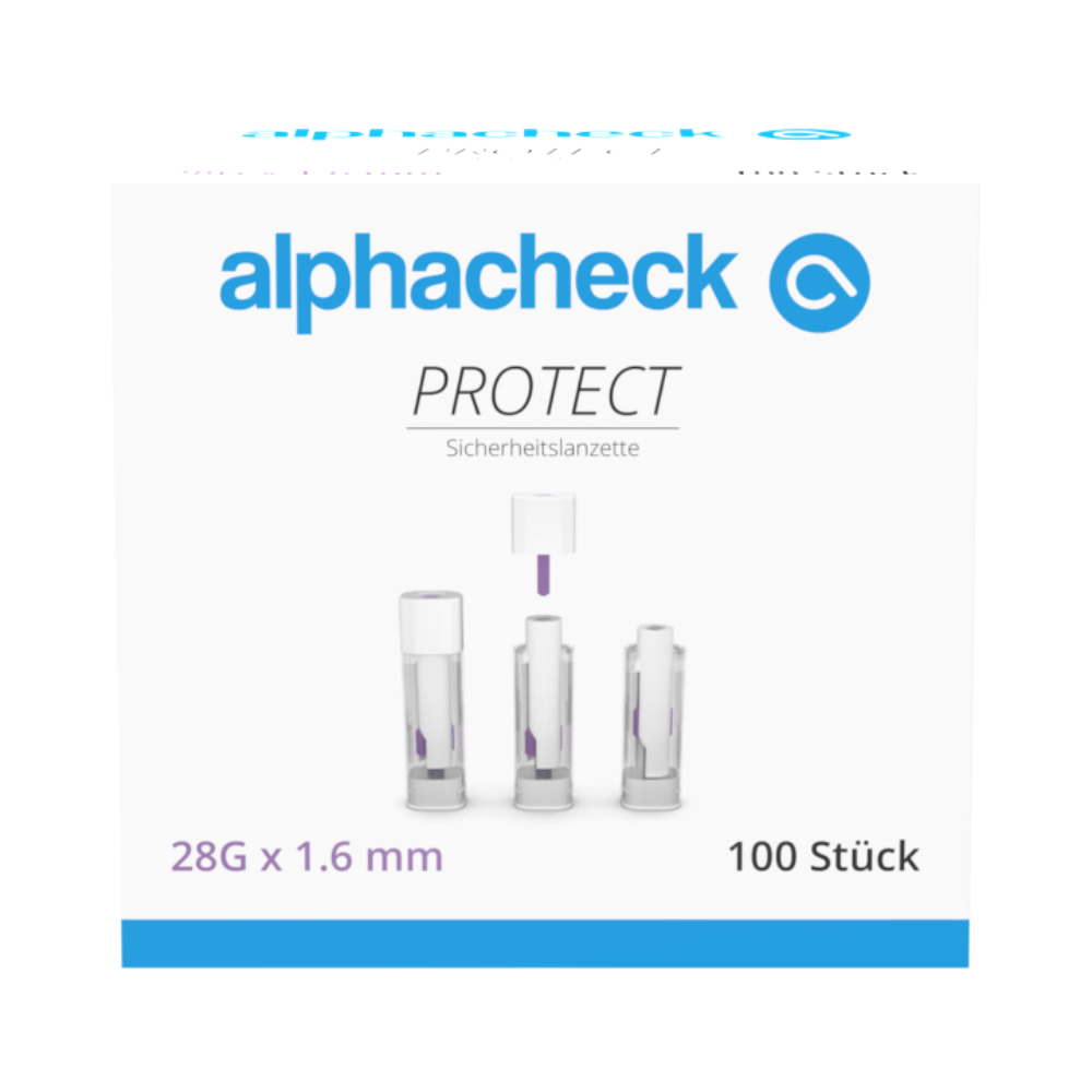 Uma caixa com a inscrição "alphacheck PROTECT" da Berger Med GmbH contém 100 lancetas de segurança Alphacheck PROTECT (28G x 1,6 mm) para coleta de sangue com menos dor. A frente mostra três lancetas com texto em alemão e inglês.