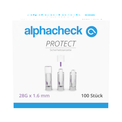 Uma caixa com a inscrição "alphacheck PROTECT" da Berger Med GmbH contém 100 lancetas de segurança Alphacheck PROTECT (28G x 1,6 mm) para coleta de sangue com menos dor. A frente mostra três lancetas com texto em alemão e inglês.