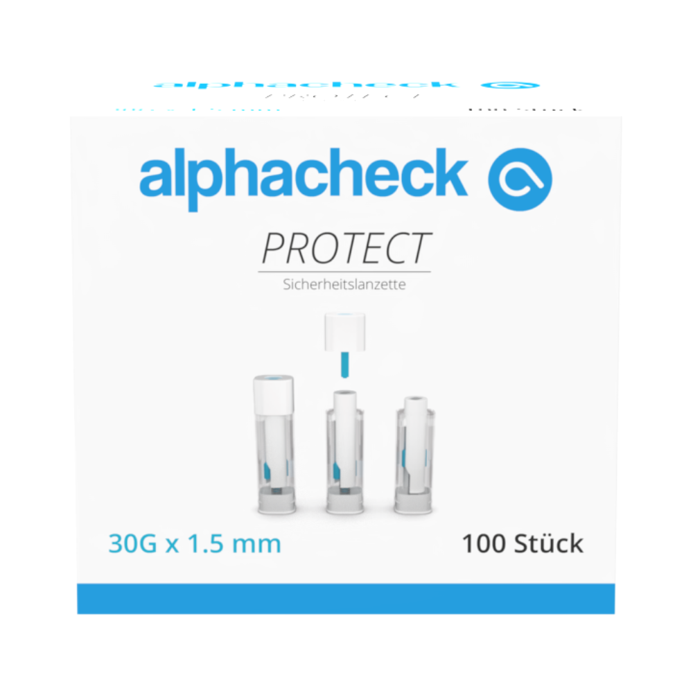 Uma caixa de lancetas de segurança Alphacheck PROTECT (30G x 1,5 mm, 100 unidades) da Berger Med GmbH para coleta de sangue com menos dor; três lancetas com tampas protetoras e logotipo alphacheck em fundo branco.