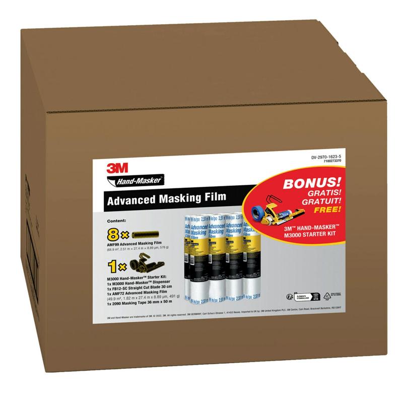 Filme de máscara 3M™ Hand-Masker™ AMF99, PACOTE PROMOCIONAL, 251 cm x 27,4 m, 8 rolos + Kit inicial 3M™ Hand-Masker™ M3000 GRATUITO | Pacote (1 conjunto)