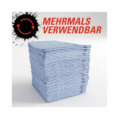 Uma pilha de toalhetes WypAll® ForceMax PowerClean dobrados em quarto, azuis (1 caixa dispensadora x 40 folhas) da Kimberly-Clark GmbH aparece em frente a um gráfico com uma seta circular e "REUTILIZÁVEL" em alemão.